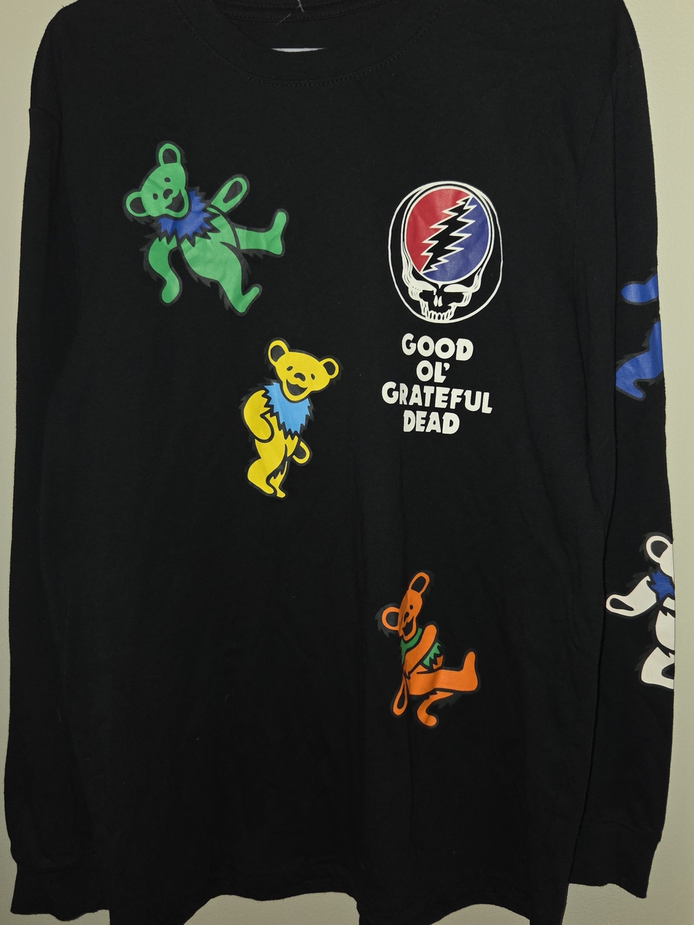Good Ol' Grateful Dead Black Long-Sleeve Tee with Colorful Dancing Bears Medium